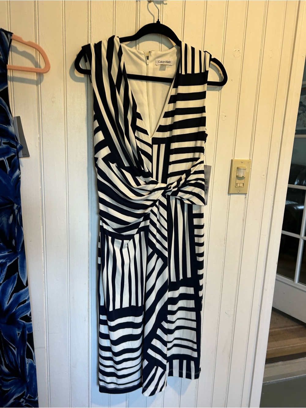 Calvin Klein Black and White Striped Midi Dress with Twist Detail